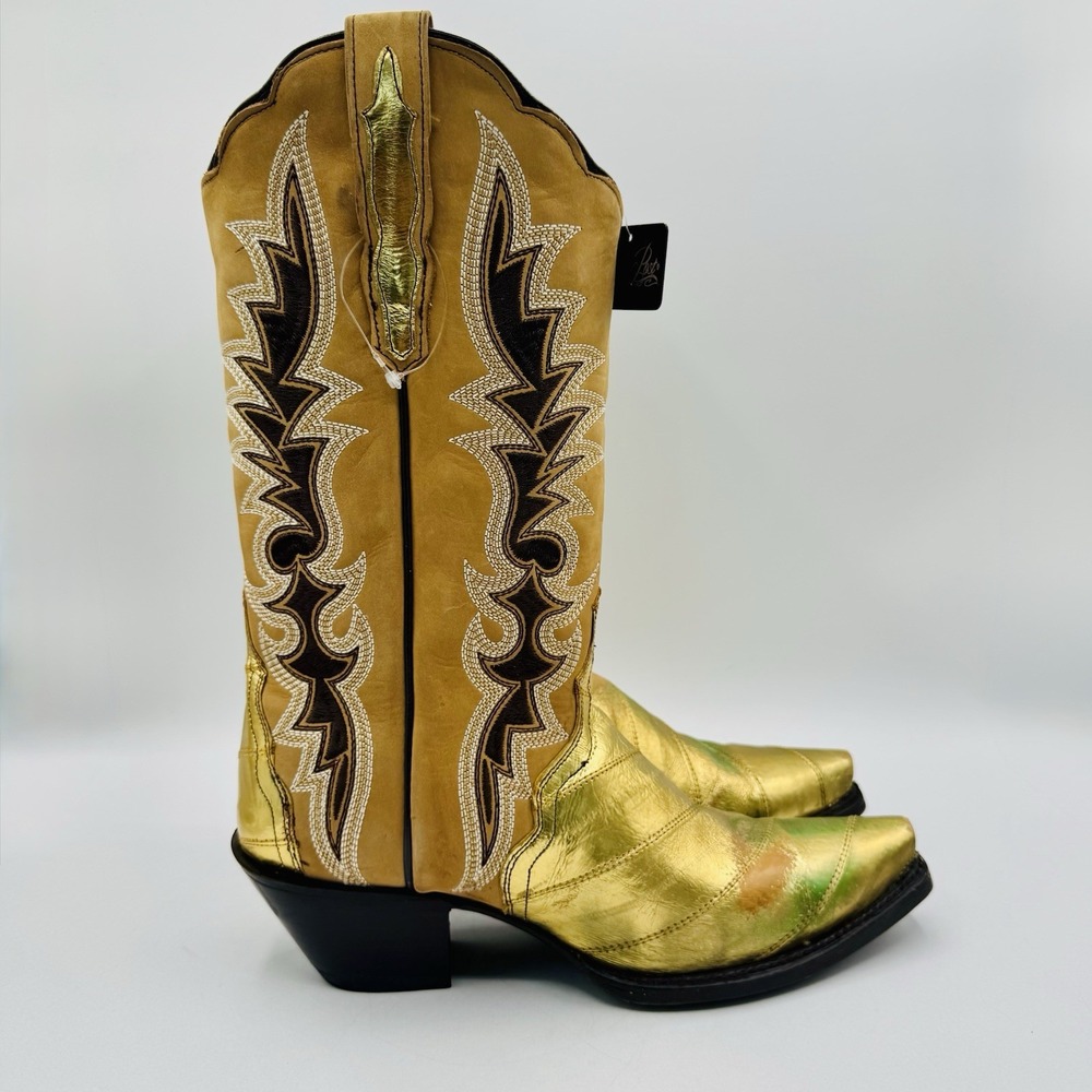Dan Post Genuine Eel Exotic Boots Women's Size 9 Crackle Gold Metallic Leather - Picture 5 of 16